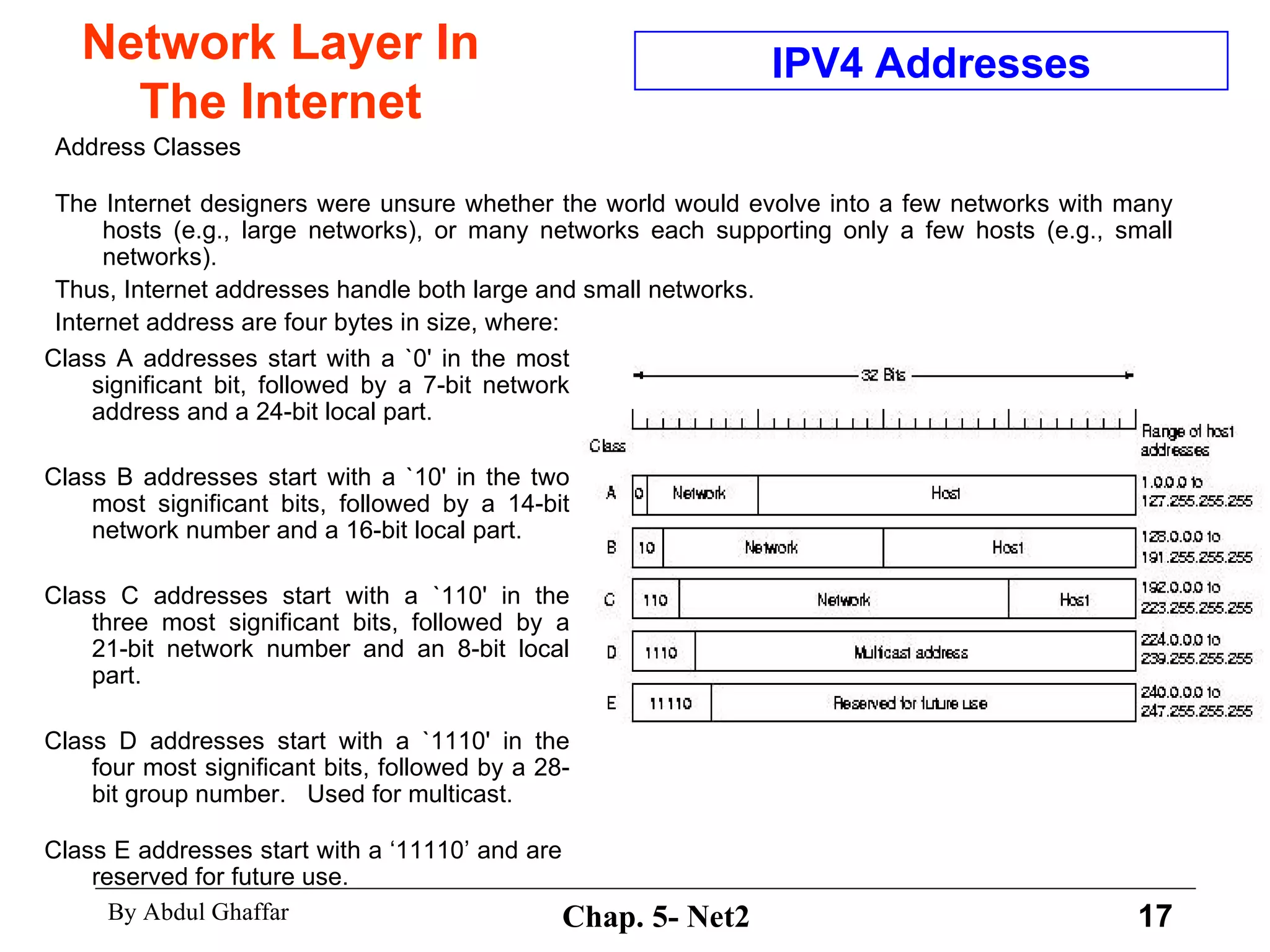 Network Layer In The Internet Class A addresses start with a `0' in the most significant bit, followed by a 7-bit network address and a 24-bit local part.  Class B addresses start with a `10' in the two most significant bits, followed by a 14-bit network number and a 16-bit local part.  Class C addresses start with a `110' in the three most significant bits, followed by a 21-bit network number and an 8-bit local part.  Class D addresses start with a `1110' in the four most significant bits, followed by a 28-bit group number.  Used for multicast. Class E addresses start with a ‘11110’ and are  reserved for future use. IPV4 Addresses Address Classes The Internet designers were unsure whether the world would evolve into a few networks with many hosts (e.g., large networks), or many networks each supporting only a few hosts (e.g., small networks).  Thus, Internet addresses handle both large and small networks.  Internet address are four bytes in size, where:  
