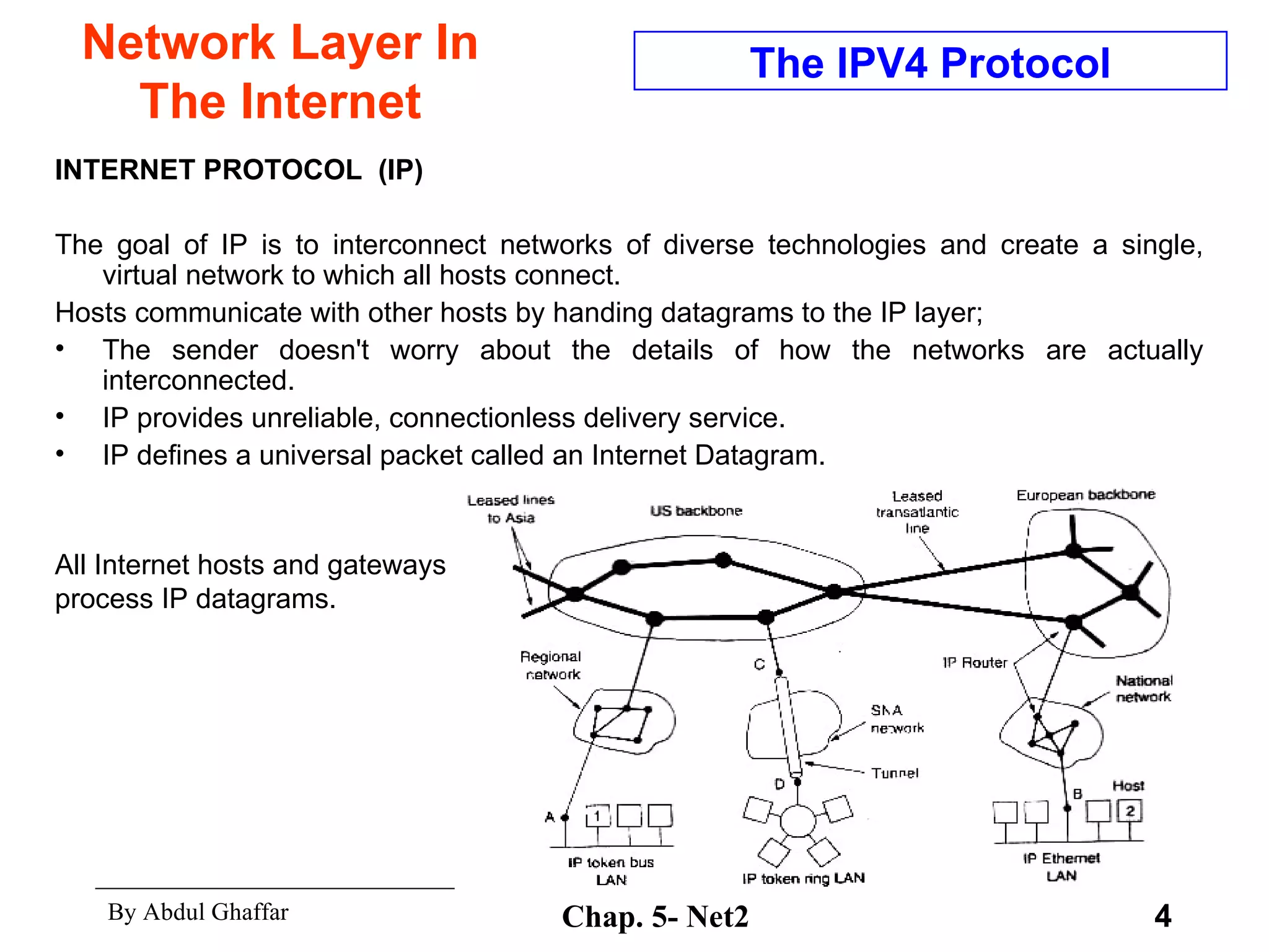 Network Layer In The Internet INTERNET PROTOCOL  (IP) The goal of IP is to interconnect networks of diverse technologies and create a single, virtual network to which all hosts connect.  Hosts communicate with other hosts by handing datagrams to the IP layer;  The sender doesn't worry about the details of how the networks are actually interconnected.  IP provides unreliable, connectionless delivery service.  IP defines a universal packet called an Internet Datagram. The IPV4 Protocol All Internet hosts and gateways process IP datagrams.  
