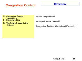 Congestion Control 5.3  Congestion Control Algorithms 5.4  Internetworking 5.5  The Network Layer in the Internet Overview What’s the problem? What polices are needed? Congestion Tactics:  Control and Prevention 