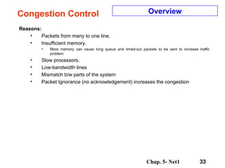 Congestion Control Reasons: Packets from many to one line. Insufficient memory. More memory can cause long queue and timed-out packets to be sent to increase traffic problem Slow processors. Low-bandwidth lines Mismatch b/w parts of the system Packet Ignorance (no acknowledgement) increases the congestion Overview 