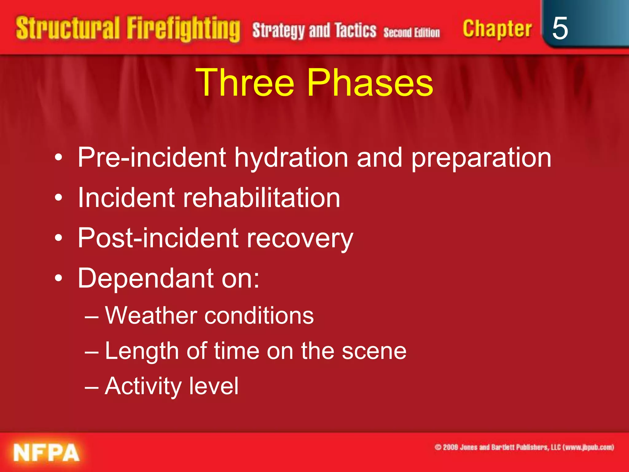 5
             Three Phases
•   Pre-incident hydration and preparation
•   Incident rehabilitation
•   Post-incident recovery
•   Dependant on:
    – Weather conditions
    – Length of time on the scene
    – Activity level
 