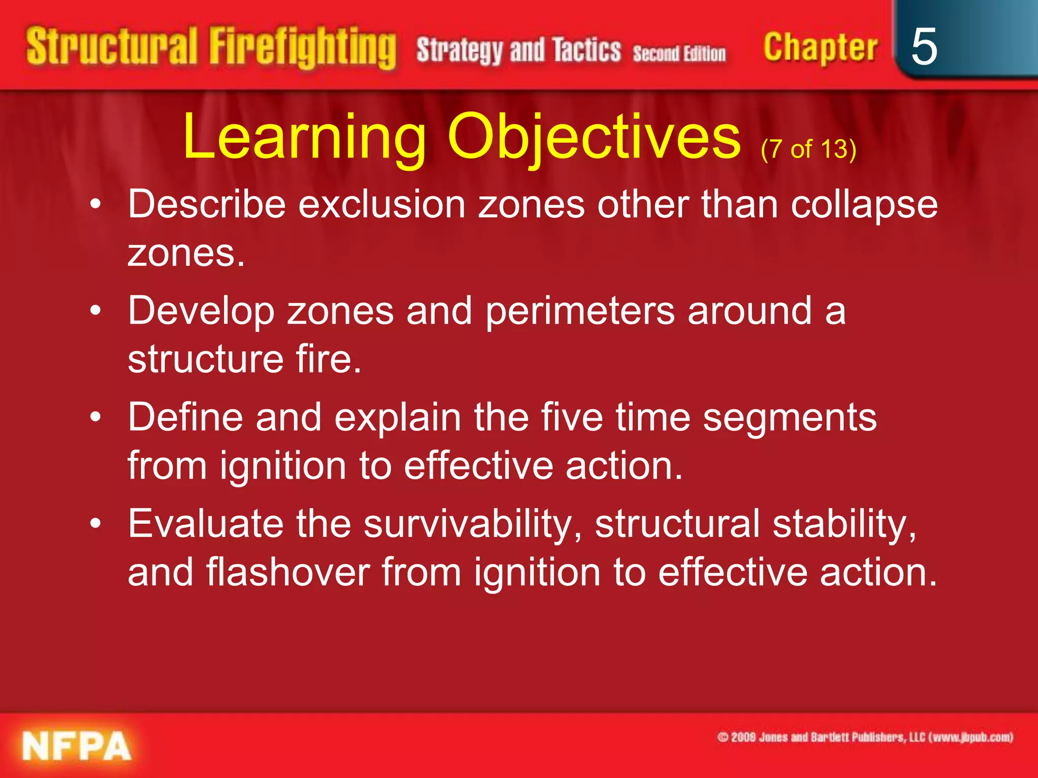 5
     Learning Objectives (7 of 13)
• Describe exclusion zones other than collapse
  zones.
• Develop zones and perimeters around a
  structure fire.
• Define and explain the five time segments
  from ignition to effective action.
• Evaluate the survivability, structural stability,
  and flashover from ignition to effective action.
 