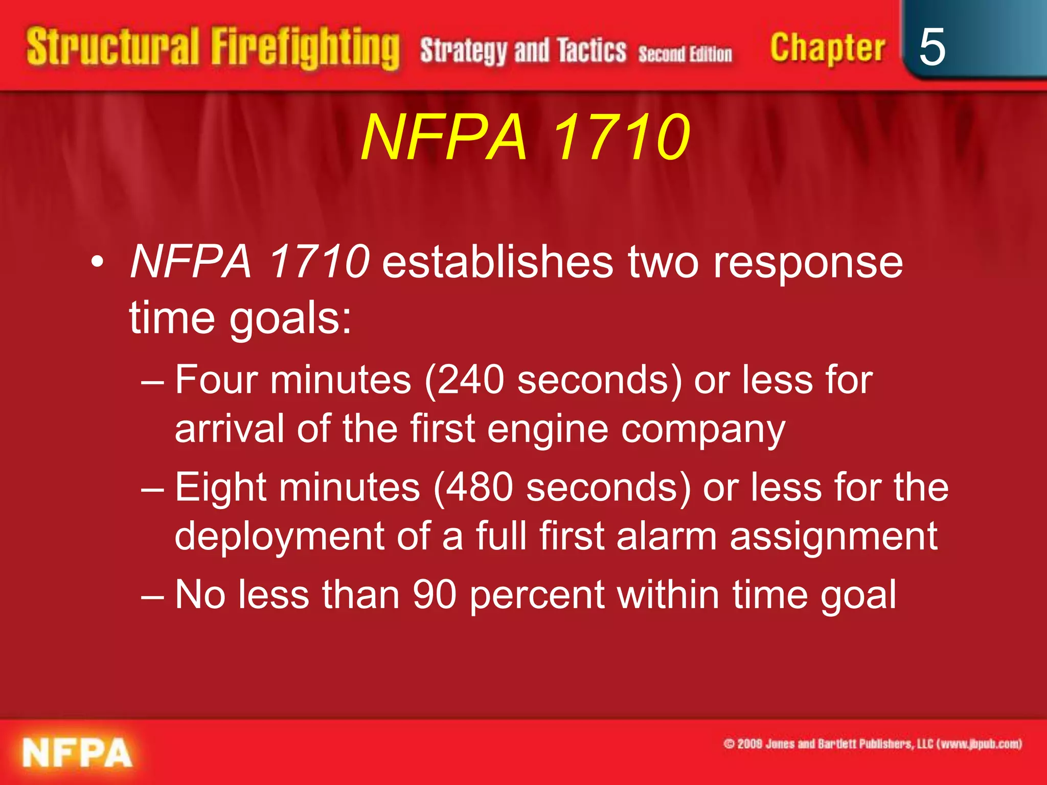 5
              NFPA 1710
• NFPA 1710 establishes two response
  time goals:
  – Four minutes (240 seconds) or less for
    arrival of the first engine company
  – Eight minutes (480 seconds) or less for the
    deployment of a full first alarm assignment
  – No less than 90 percent within time goal
 