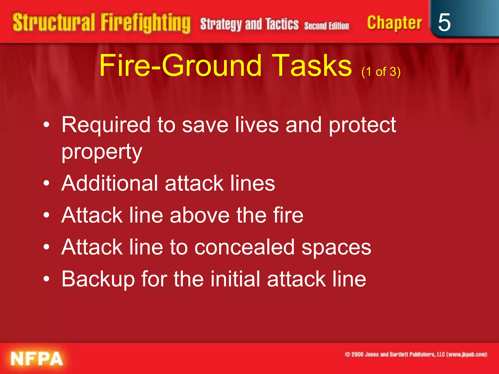 5
     Fire-Ground Tasks (1 of 3)
• Required to save lives and protect
  property
• Additional attack lines
• Attack line above the fire
• Attack line to concealed spaces
• Backup for the initial attack line
 