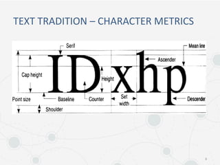 TEXT TRADITION – CHARACTER METRICS
9
 
