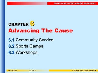CHAPTER   6 Advancing The Cause 6.1  Community Service 6.2  Sports Camps 6.3  Workshops CHAPTER 6 SLIDE  