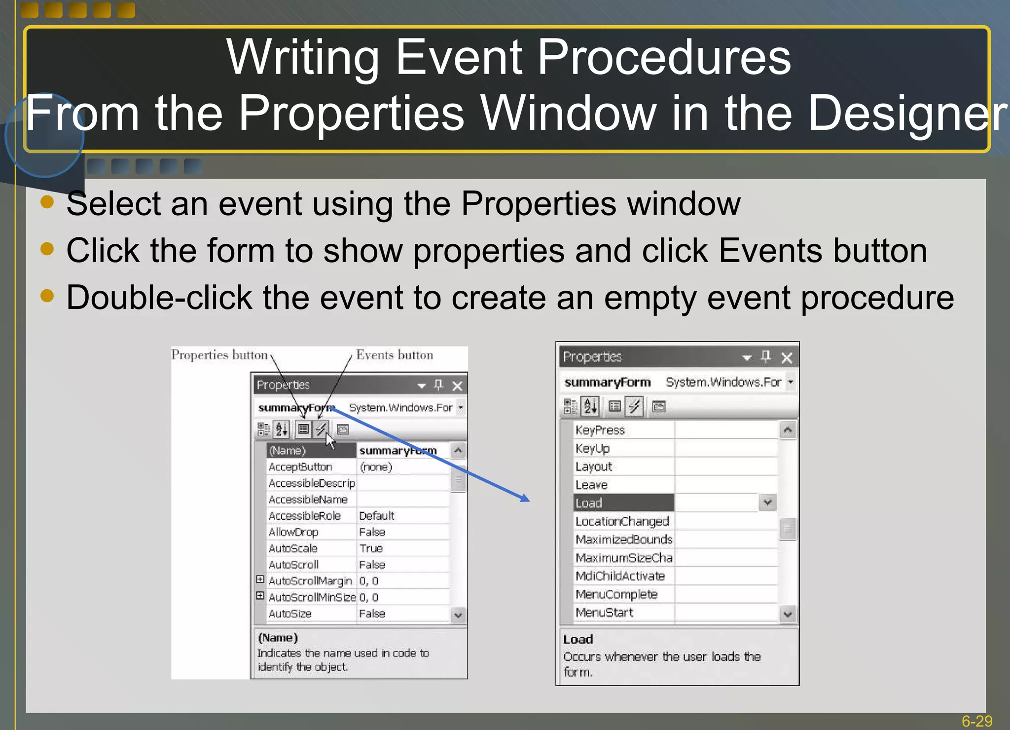 Writing Event Procedures  From the Properties Window in the Designer Select an event using the Properties window Click the form to show properties and click Events button Double-click the event to create an empty event procedure 