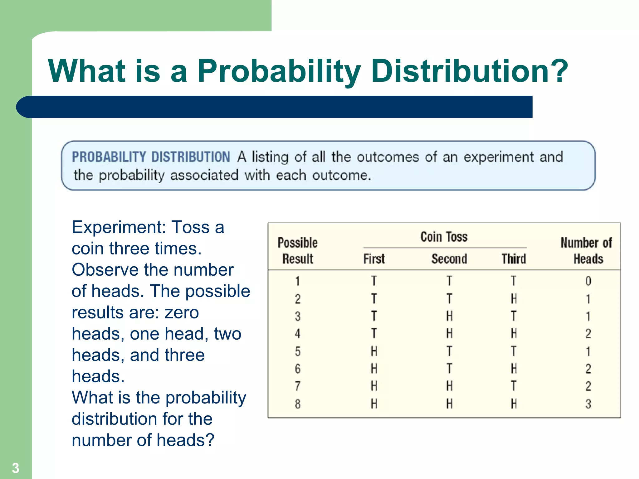 What is a Probability Distribution? Experiment: Toss a coin three times. Observe the number of heads. The possible results are: zero heads, one head, two heads, and three heads.  What is the probability distribution for the number of heads? 