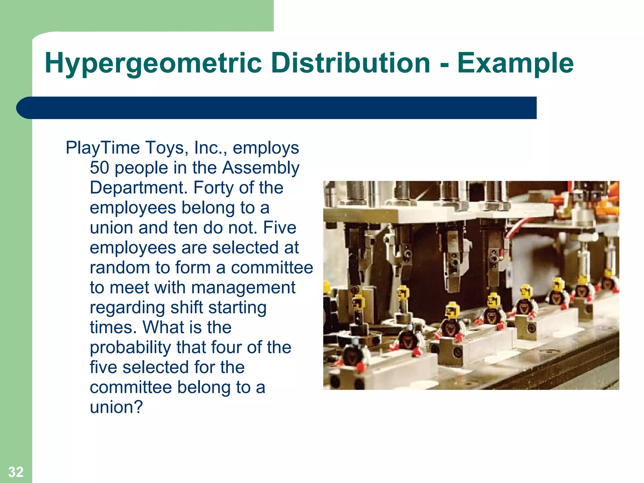 Hypergeometric Distribution - Example PlayTime Toys, Inc., employs 50 people in the Assembly Department. Forty of the employees belong to a union and ten do not. Five employees are selected at random to form a committee to meet with management regarding shift starting times. What is the probability that four of the five selected for the committee belong to a union? 