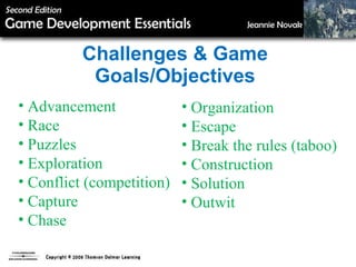 Challenges & Game Goals/Objectives Advancement Race Puzzles Exploration Conflict (competition) Capture Chase Organization Escape Break the rules (taboo) Construction Solution Outwit 