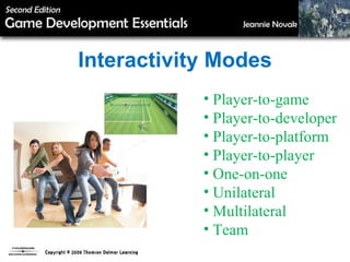 Interactivity Modes Player-to-game Player-to-developer Player-to-platform Player-to-player One-on-one Unilateral Multilateral Team 