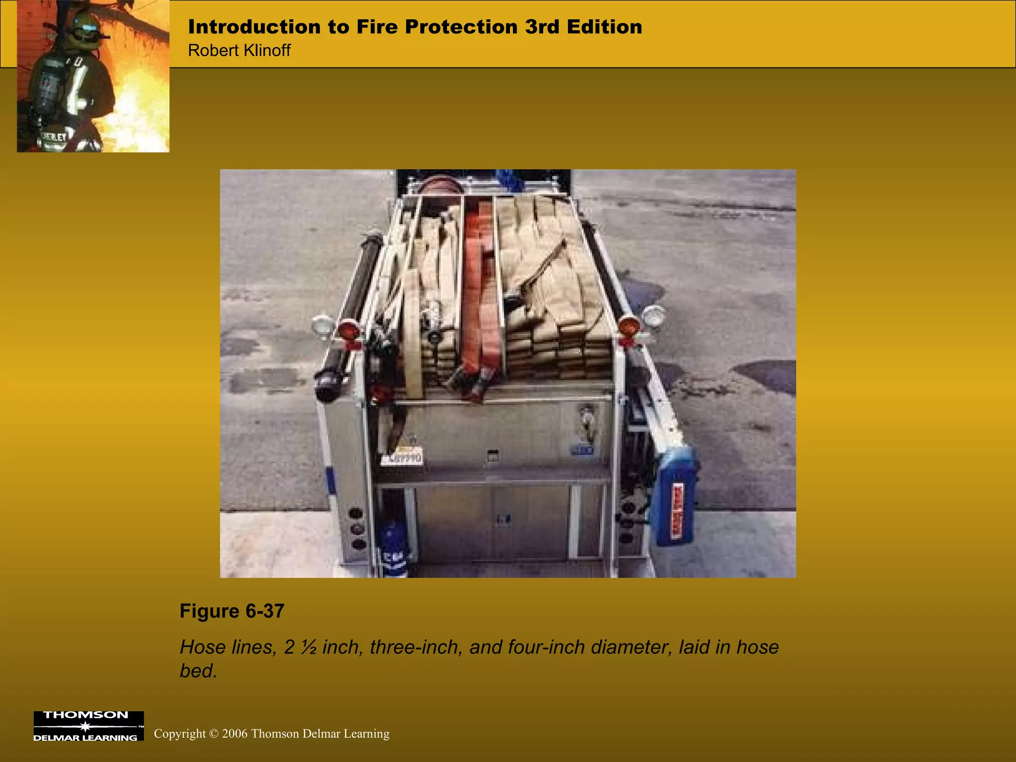 Figure 6-37   Hose lines, 2 ½ inch, three-inch, and four-inch diameter, laid in hose bed.  