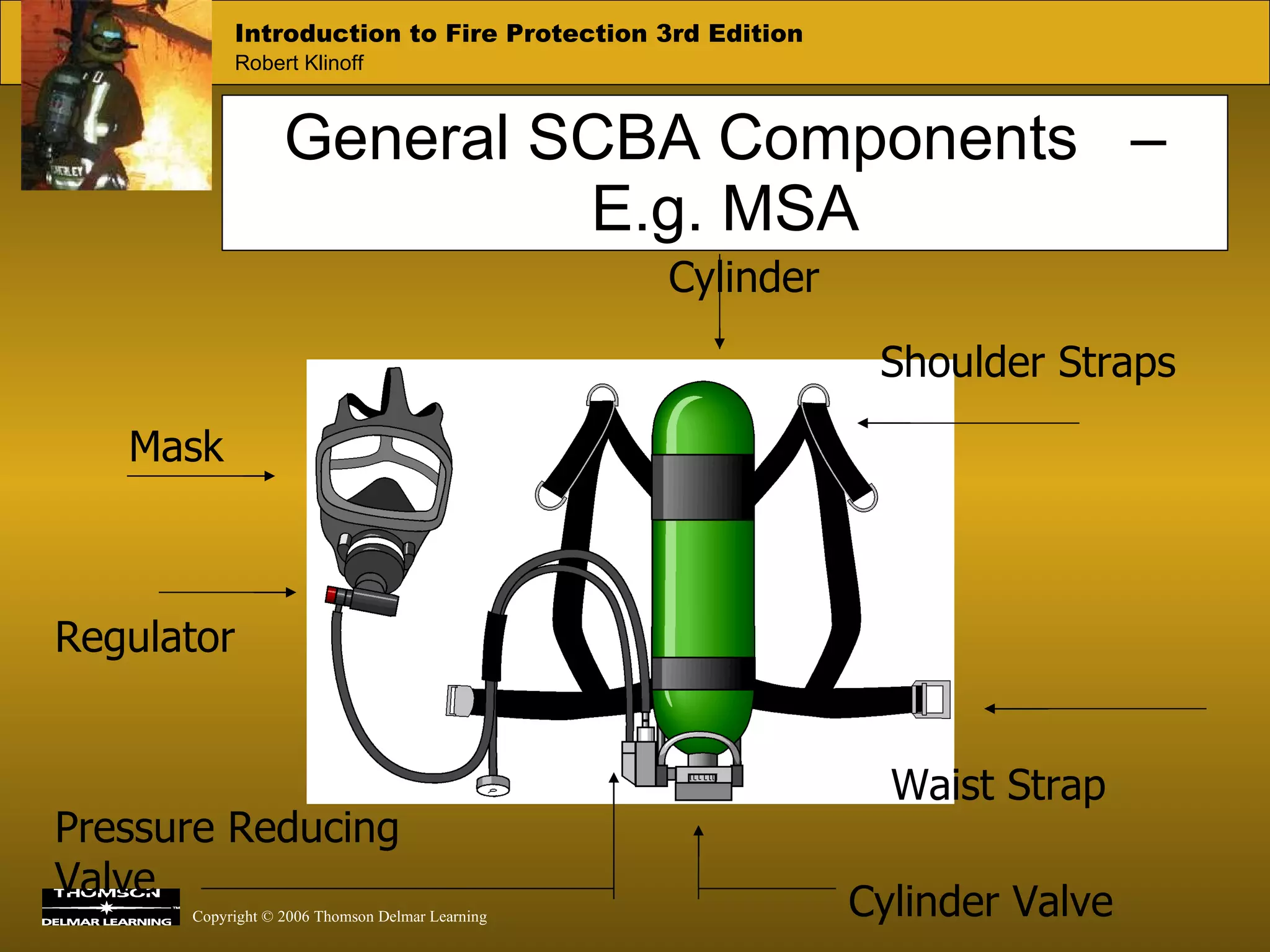 General SCBA Components  – E.g. MSA Mask Regulator Cylinder Shoulder Straps Waist Strap Cylinder Valve Pressure Reducing Valve 