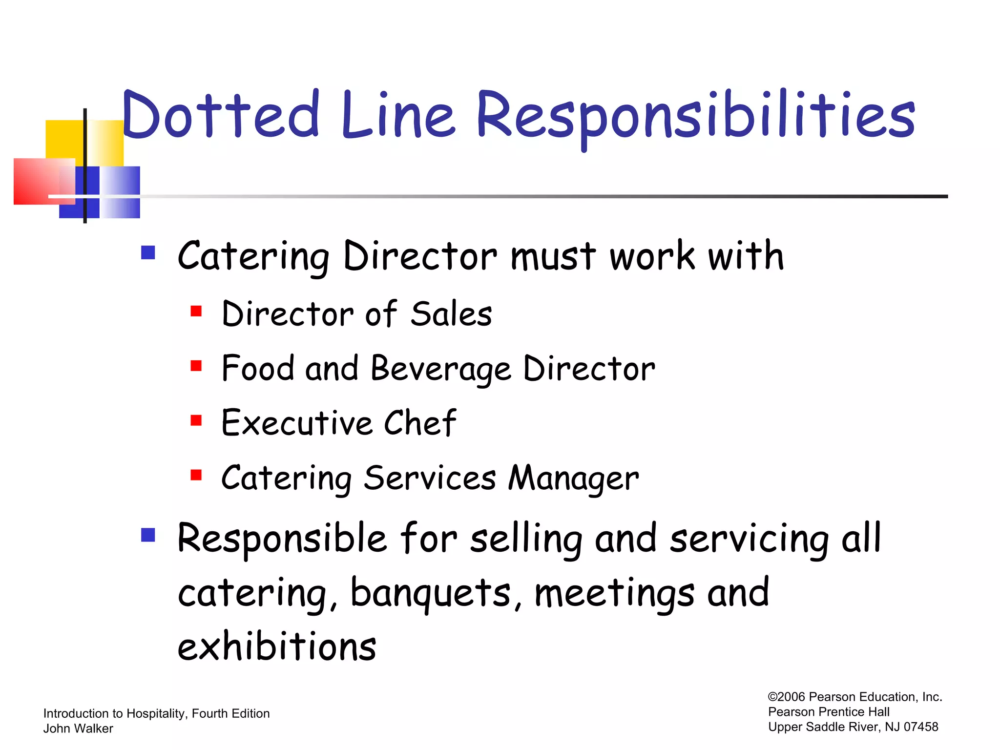 Dotted Line Responsibilities Catering Director must work with Director of Sales Food and Beverage Director Executive Chef Catering Services Manager Responsible for selling and servicing all catering, banquets, meetings and exhibitions 