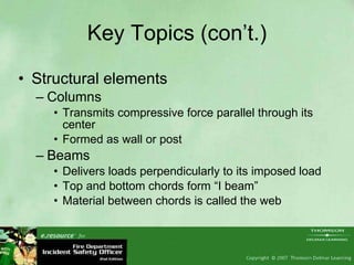 Key Topics (con’t.) Structural elements Columns Transmits compressive force parallel through its center Formed as wall or post Beams Delivers loads perpendicularly to its imposed load Top and bottom chords form “I beam” Material between chords is called the web 