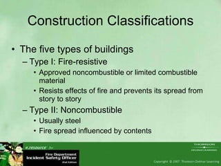 Construction Classifications The five types of buildings Type I: Fire-resistive Approved noncombustible or limited combustible material Resists effects of fire and prevents its spread from story to story Type II: Noncombustible Usually steel Fire spread influenced by contents 