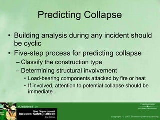 Predicting Collapse Building analysis during any incident should be cyclic Five-step process for predicting collapse Classify the construction type Determining structural involvement Load-bearing components attacked by fire or heat If involved, attention to potential collapse should be immediate 