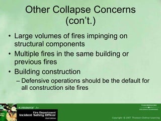 Other Collapse Concerns (con’t.) Large volumes of fires impinging on structural components Multiple fires in the same building or previous fires Building construction Defensive operations should be the default for all construction site fires 