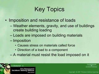 Key Topics Imposition and resistance of loads Weather elements, gravity, and use of buildings create building loading Loads are imposed on building materials Imposition  Causes stress on materials called force Direction of a load to a component A material must resist the load imposed on it 