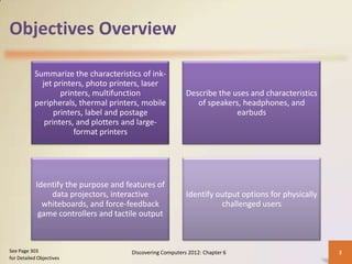 Objectives Overview

           Summarize the characteristics of ink-
             jet printers, photo printers, laser
                   printers, multifunction                 Describe the uses and characteristics
           peripherals, thermal printers, mobile              of speakers, headphones, and
                 printers, label and postage                             earbuds
              printers, and plotters and large-
                       format printers




            Identify the purpose and features of
                data projectors, interactive               Identify output options for physically
              whiteboards, and force-feedback                        challenged users
             game controllers and tactile output



See Page 303                          Discovering Computers 2012: Chapter 6                         3
for Detailed Objectives
 