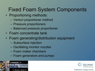 Fixed Foam System Components Proportioning methods: Venturi proportioner method Pressure proportioners Balanced pressure proportioner Foam concentrate tank Foam generating/distribution equipment Subsurface injection Oscillating monitor nozzles Foam maker chambers Foam generators and pumps 