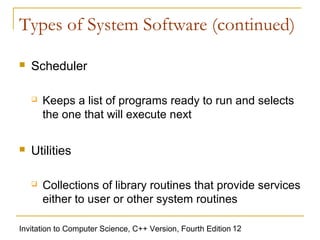 Types of System Software (continued)

   Scheduler

       Keeps a list of programs ready to run and selects
        the one that will execute next

   Utilities

       Collections of library routines that provide services
        either to user or other system routines

Invitation to Computer Science, C++ Version, Fourth Edition 12
 