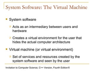 System Software: The Virtual Machine

   System software
       Acts as an intermediary between users and
        hardware
       Creates a virtual environment for the user that
        hides the actual computer architecture
   Virtual machine (or virtual environment)
       Set of services and resources created by the
        system software and seen by the user
Invitation to Computer Science, C++ Version, Fourth Edition 6
 