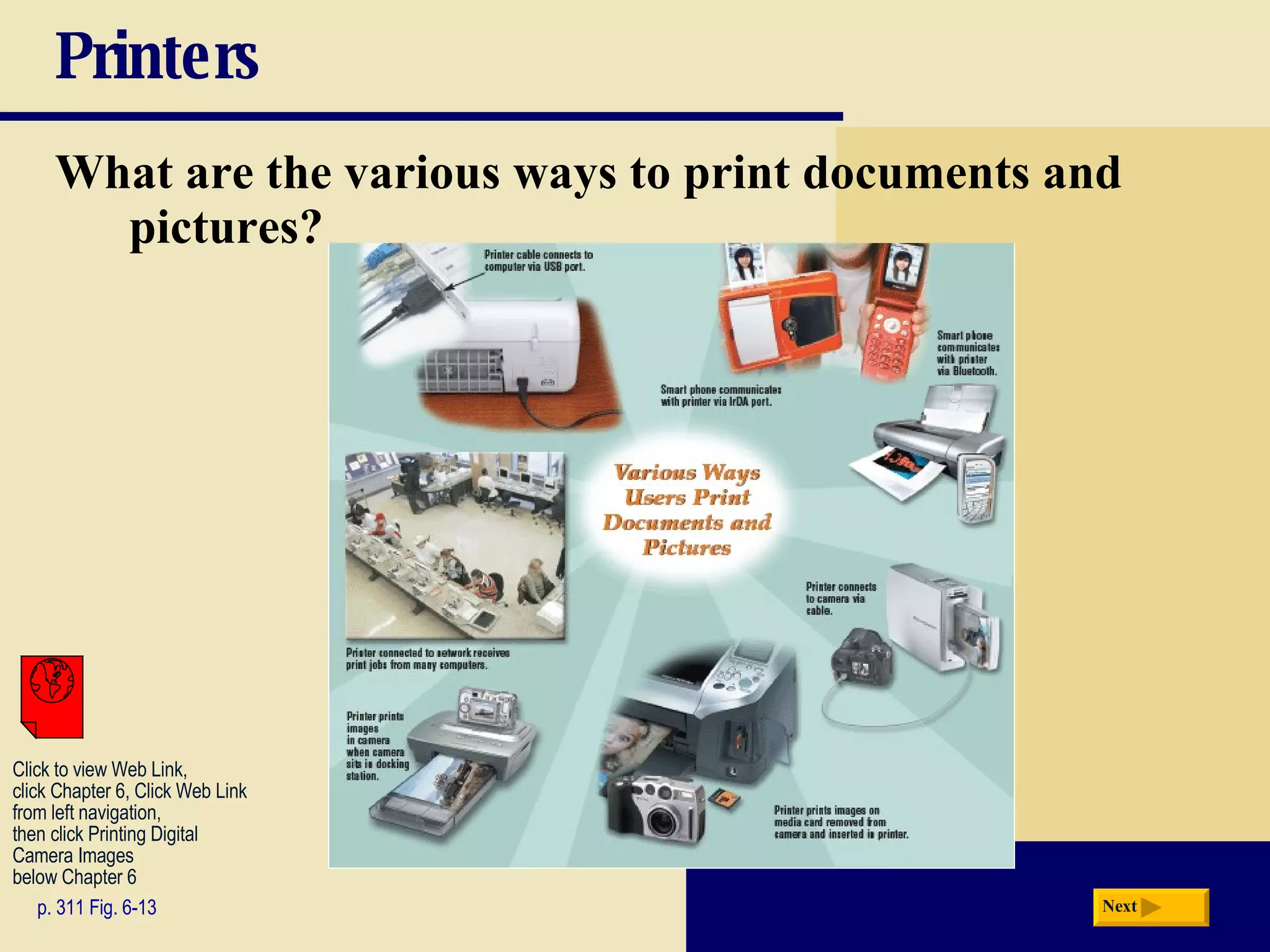 Printers What are the various ways to print documents and pictures? p. 311 Fig. 6-13 Next Click to view Web Link, click Chapter 6, Click Web Link from left navigation,  then click Printing Digital Camera Images  below Chapter 6 