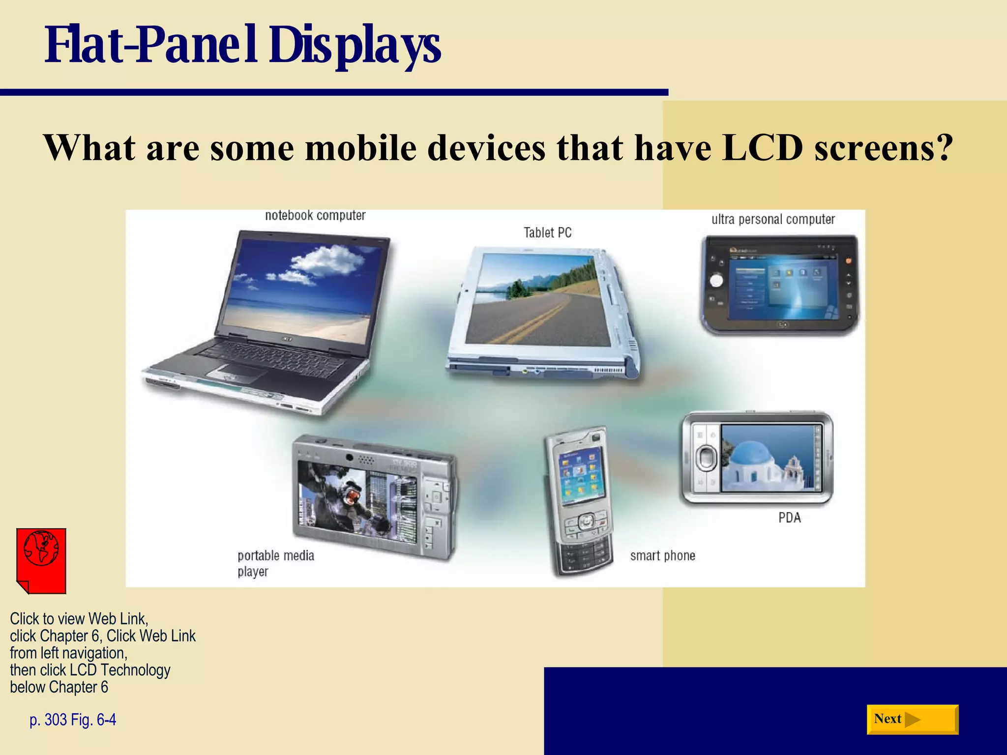 Flat-Panel Displays What are some mobile devices that have LCD screens? p. 303 Fig. 6-4 Next Click to view Web Link, click Chapter 6, Click Web Link from left navigation,  then click LCD Technology below Chapter 6 