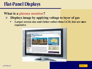 Flat-Panel Displays What is a   plasma monitor ? p. 307 Fig. 6-8 Displays image by applying voltage to layer of gas Larger screen size and richer colors than LCD, but are more expensive Next 