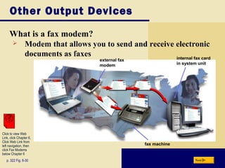 Other Output Devices
What is a fax modem?
p. 322 Fig. 6-30 Next
 Modem that allows you to send and receive electronic
documents as faxes
external fax
modem
internal fax card
in system unit
fax machine
Click to view Web
Link, click Chapter 6,
Click Web Link from
left navigation, then
click Fax Modems
below Chapter 6
 