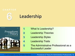 CHAPTER         6
                                                                                                 SLIDE 1


CHAPTER



   6                     Leadership

                               1            What Is Leadership?
                               2            Leadership Theories
                               3            Leadership Styles
                               4            Leadership Traits
                               5            The Administrative Professional as a
                                            Successful Leader

© 2013 Cengage Learning. All Rights Reserved.    Procedures & Theory for Administrative Professionals, 7e
 