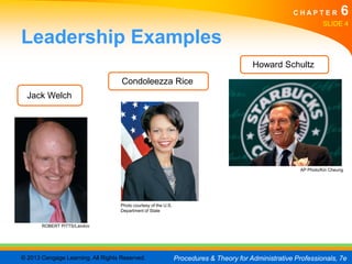 CHAPTER             6
                                                                                                                   SLIDE 4

Leadership Examples
                                                                                         Howard Schultz
                                    Condoleezza Rice
  Jack Welch




                                                                                                         AP Photo/Kin Cheung




                                   Photo courtesy of the U.S.
                                   Department of State


       ROBERT PITTS/Landov




© 2013 Cengage Learning. All Rights Reserved.                   Procedures & Theory for Administrative Professionals, 7e
 