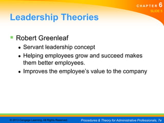 CHAPTER         6
                                                                                                SLIDE 5

Leadership Theories

 Robert Greenleaf
      ●   Servant leadership concept
      ●   Helping employees grow and succeed makes
          them better employees.
      ●   Improves the employee’s value to the company




© 2013 Cengage Learning. All Rights Reserved.   Procedures & Theory for Administrative Professionals, 7e
 