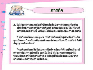 ภารกิจ
3. ให้ท่านพิจารณาเลือกใช้เทคโนโลยีสารสนเทศเพื่อเพิ่ม
ประสิทธิภาพการจัดการเรียนรู้ ตามบริบทของโรงเรียนที่
กาหนดให้ต่อไปนี้ พร้อมทั้งให้เหตุผลประกอบการอธิบาย
โรงเรียนบ้านหนองงูเห่า เป็ นโรงเรียนที่อยู่ห่างไกลในถิ่น
ธุระกันดาร โรงเรียนมีคอมพิวเตอร์สามเครื่อง มีโทรทัศน์ ไม่มี
สัญญาณโทรศัพท์
โรงเรียนมัธยมไฮโซเบตง เป็ นโรงเรียนที่ตั้งอยู่ในเมือง มี
ความพร้อมทางด้านสื่อ เทคโนโลยี มีห้องคอมพิวเตอร์ มี
ระบบอินเตอร์เน็ตความเร็วสูง แต่ครูมีไม่เพียงพอเนื่องจาก
ย้ายหนีเหตุการณ์ความไม่สงบ
 