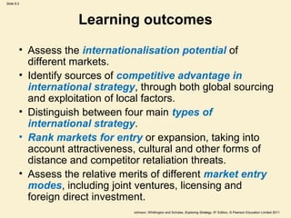 Slide 8.2 
Learning outcomes 
• Assess the internationalisation potential of 
different markets. 
• Identify sources of competitive advantage in 
international strategy, through both global sourcing 
and exploitation of local factors. 
• Distinguish between four main types of 
international strategy. 
• Rank markets for entry or expansion, taking into 
account attractiveness, cultural and other forms of 
distance and competitor retaliation threats. 
• Assess the relative merits of different market entry 
modes, including joint ventures, licensing and 
foreign direct investment. 
Johnson, Whittington and Scholes, Exploring Strategy, 9th Edition, © Pearson Education Limited 2011 
 