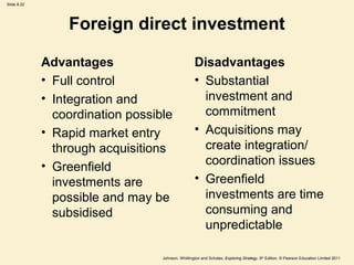 Slide 8.22 
Foreign direct investment 
Advantages 
• Full control 
• Integration and 
coordination possible 
• Rapid market entry 
through acquisitions 
• Greenfield 
investments are 
possible and may be 
subsidised 
Disadvantages 
• Substantial 
investment and 
commitment 
• Acquisitions may 
create integration/ 
coordination issues 
• Greenfield 
investments are time 
consuming and 
unpredictable 
Johnson, Whittington and Scholes, Exploring Strategy, 9th Edition, © Pearson Education Limited 2011 
 