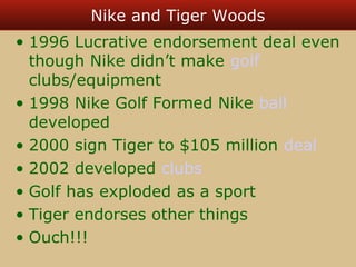 Nike and Tiger Woods 
• 1996 Lucrative endorsement deal even 
though Nike didn’t make golf 
clubs/equipment 
• 1998 Nike Golf Formed Nike ball 
developed 
• 2000 sign Tiger to $105 million deal 
• 2002 developed clubs 
• Golf has exploded as a sport 
• Tiger endorses other things 
• Ouch!!! 
 