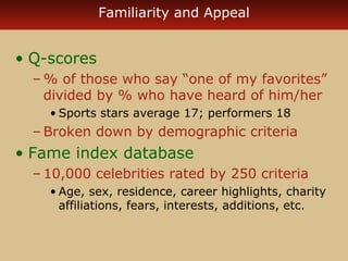 Familiarity and Appeal 
• Q-scores 
–% of those who say “one of my favorites” 
divided by % who have heard of him/her 
• Sports stars average 17; performers 18 
– Broken down by demographic criteria 
• Fame index database 
– 10,000 celebrities rated by 250 criteria 
• Age, sex, residence, career highlights, charity 
affiliations, fears, interests, additions, etc. 
 