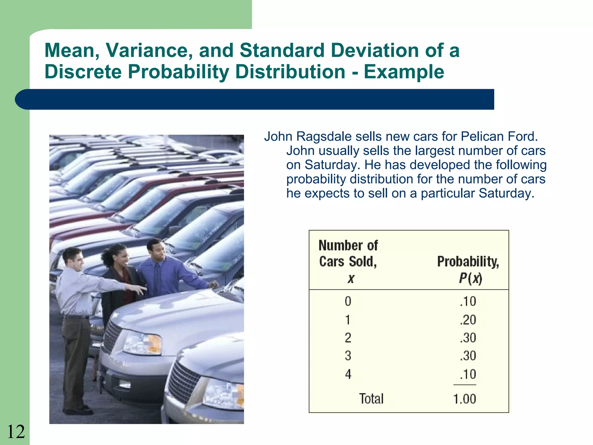 12
Mean, Variance, and Standard Deviation of a
Discrete Probability Distribution - Example
John Ragsdale sells new cars for Pelican Ford.
John usually sells the largest number of cars
on Saturday. He has developed the following
probability distribution for the number of cars
he expects to sell on a particular Saturday.
 