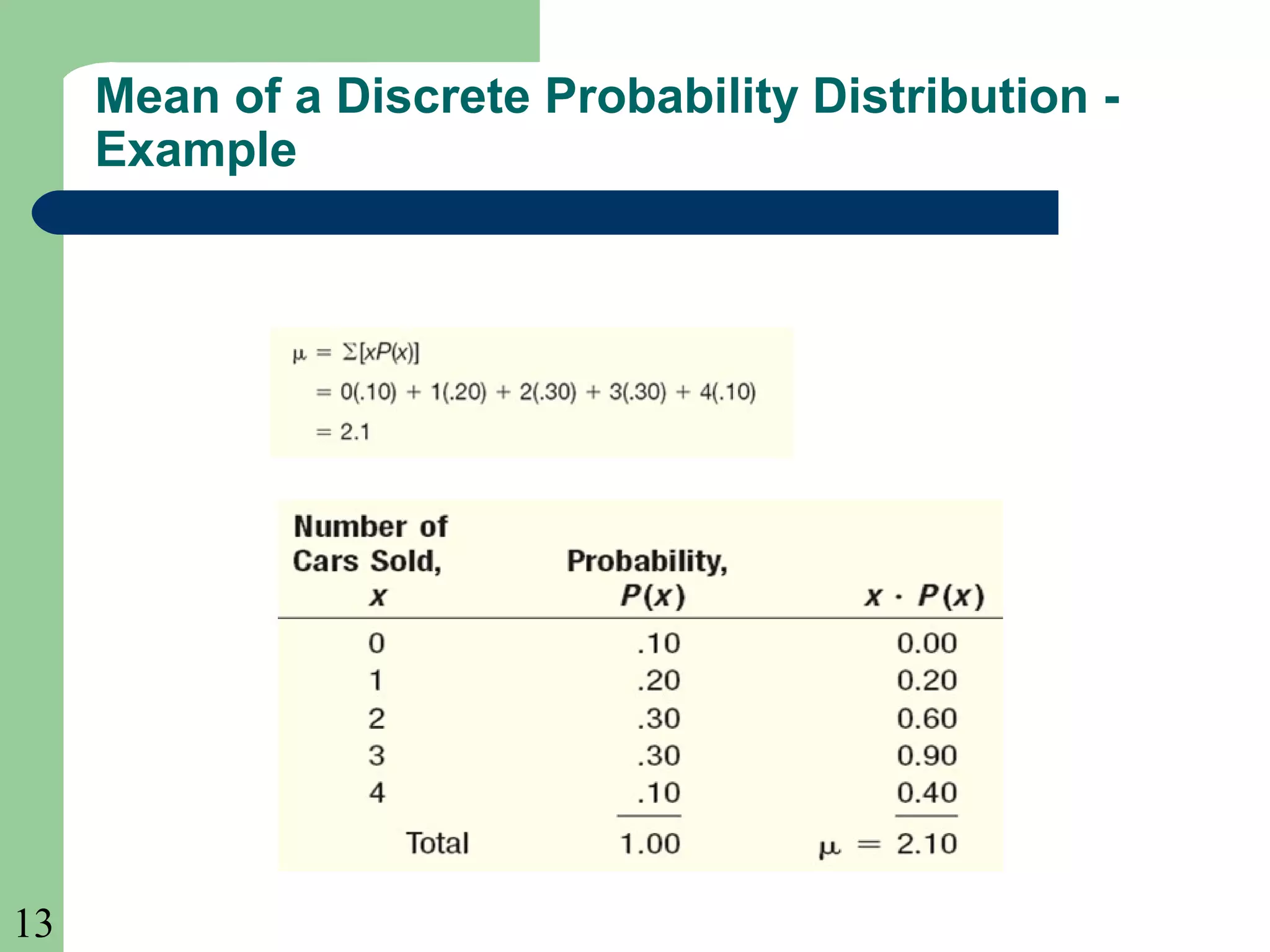 13
Mean of a Discrete Probability Distribution -
Example
 
