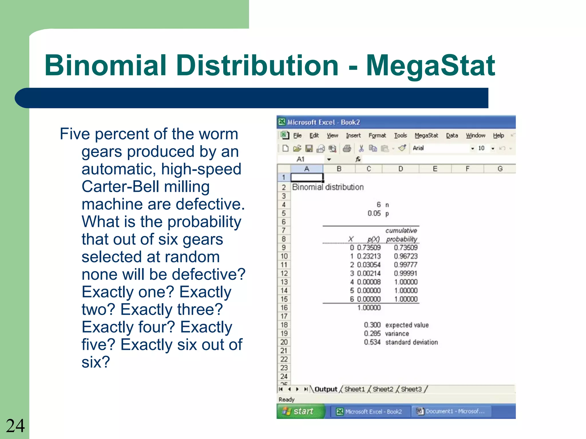 24
Binomial Distribution - MegaStat
Five percent of the worm
gears produced by an
automatic, high-speed
Carter-Bell milling
machine are defective.
What is the probability
that out of six gears
selected at random
none will be defective?
Exactly one? Exactly
two? Exactly three?
Exactly four? Exactly
five? Exactly six out of
six?
 