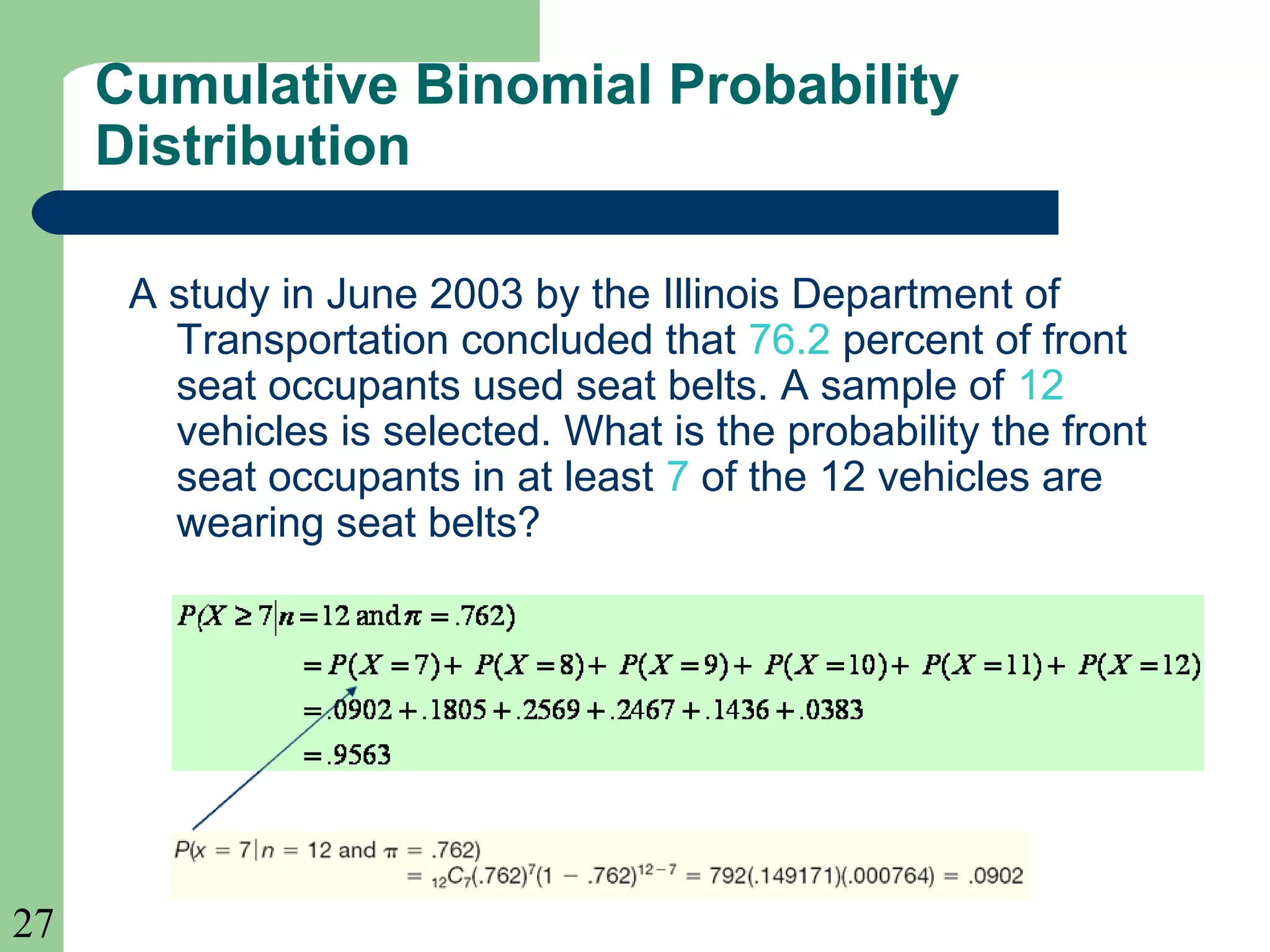 27
Cumulative Binomial Probability
Distribution
A study in June 2003 by the Illinois Department of
Transportation concluded that 76.2 percent of front
seat occupants used seat belts. A sample of 12
vehicles is selected. What is the probability the front
seat occupants in at least 7 of the 12 vehicles are
wearing seat belts?
 
