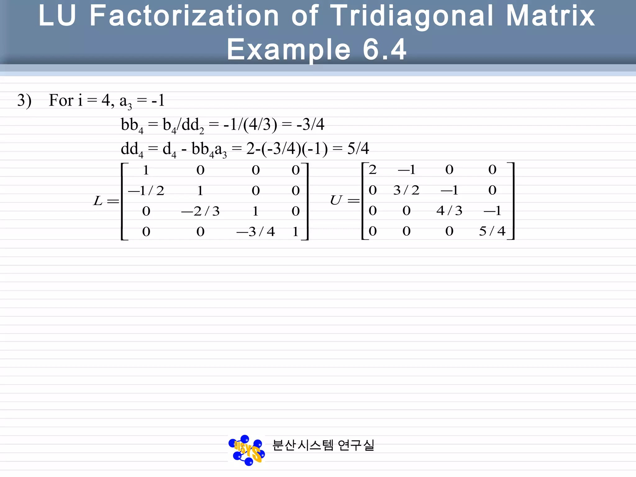 분산시스템 연구실
LU Factorization of Tridiagonal Matrix
Example 6.4
3) For i = 4, a3 = -1
bb4 = b4/dd2 = -1/(4/3) = -3/4
dd4 = d4 - bb4a3 = 2-(-3/4)(-1) = 5/4












−
−
−
=
14/300
013/20
0012/1
0001
L












−
−
−
=
4/5000
13/400
012/30
0012
U
 