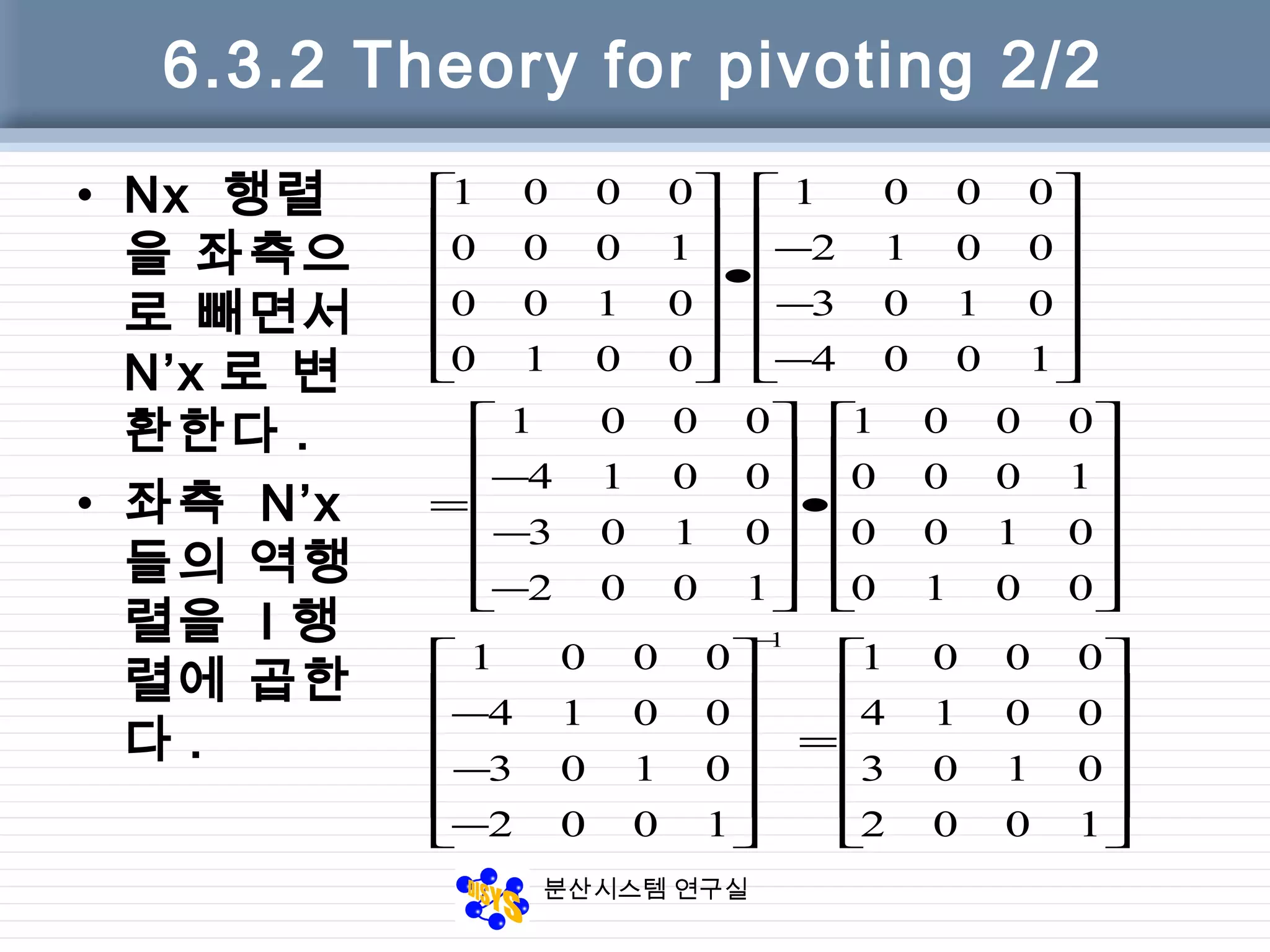 분산시스템 연구실
6.3.2 Theory for pivoting 2/2
• Nx 행렬
을 좌측으
로 빼면서
N’x 로 변
환한다 .
• 좌측 N’x
들의 역행
렬을 I 행
렬에 곱한
다 .












=












−
−
−












•












−
−
−
=












−
−
−
•












−
1002
0103
0014
0001
1002
0103
0014
0001
0010
0100
1000
0001
1002
0103
0014
0001
1004
0103
0012
0001
0010
0100
1000
0001
1
 