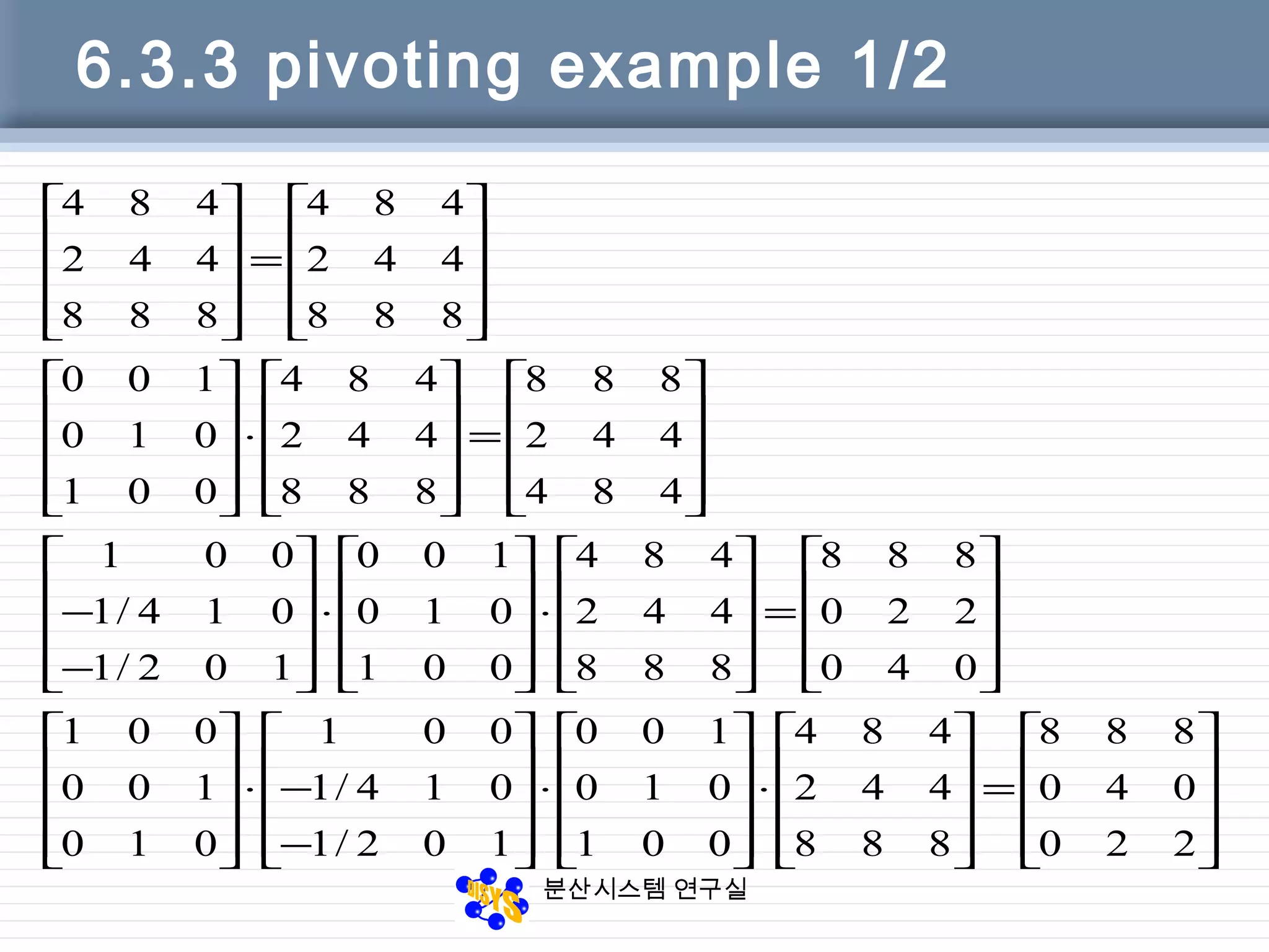 분산시스템 연구실
6.3.3 pivoting example 1/2










=










⋅










⋅










−
−⋅




















=










⋅










⋅










−
−










=










⋅




















=










220
040
888
888
442
484
001
010
100
102/1
014/1
001
010
100
001
040
220
888
888
442
484
001
010
100
102/1
014/1
001
484
442
888
888
442
484
001
010
100
888
442
484
888
442
484
 