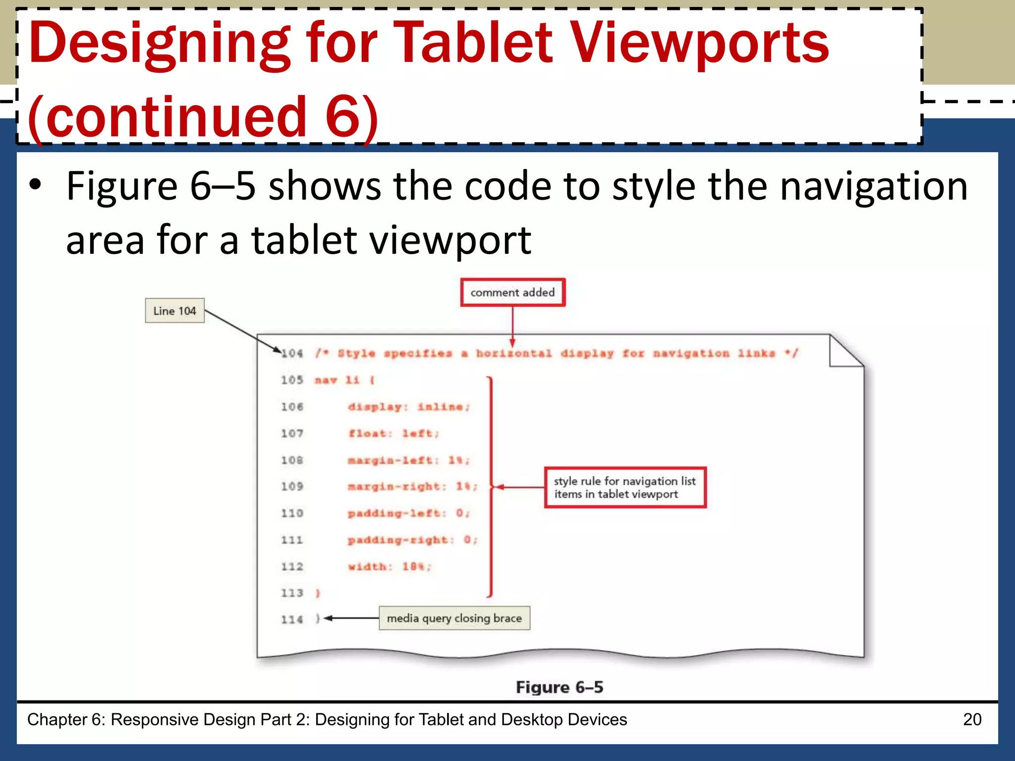 • Figure 6–5 shows the code to style the navigation
area for a tablet viewport
Chapter 6: Responsive Design Part 2: Designing for Tablet and Desktop Devices 20
Designing for Tablet Viewports
(continued 6)
 