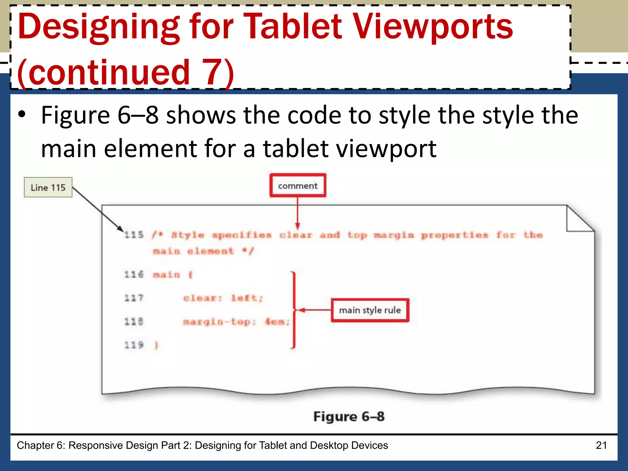 • Figure 6–8 shows the code to style the style the
main element for a tablet viewport
Chapter 6: Responsive Design Part 2: Designing for Tablet and Desktop Devices 21
Designing for Tablet Viewports
(continued 7)
 