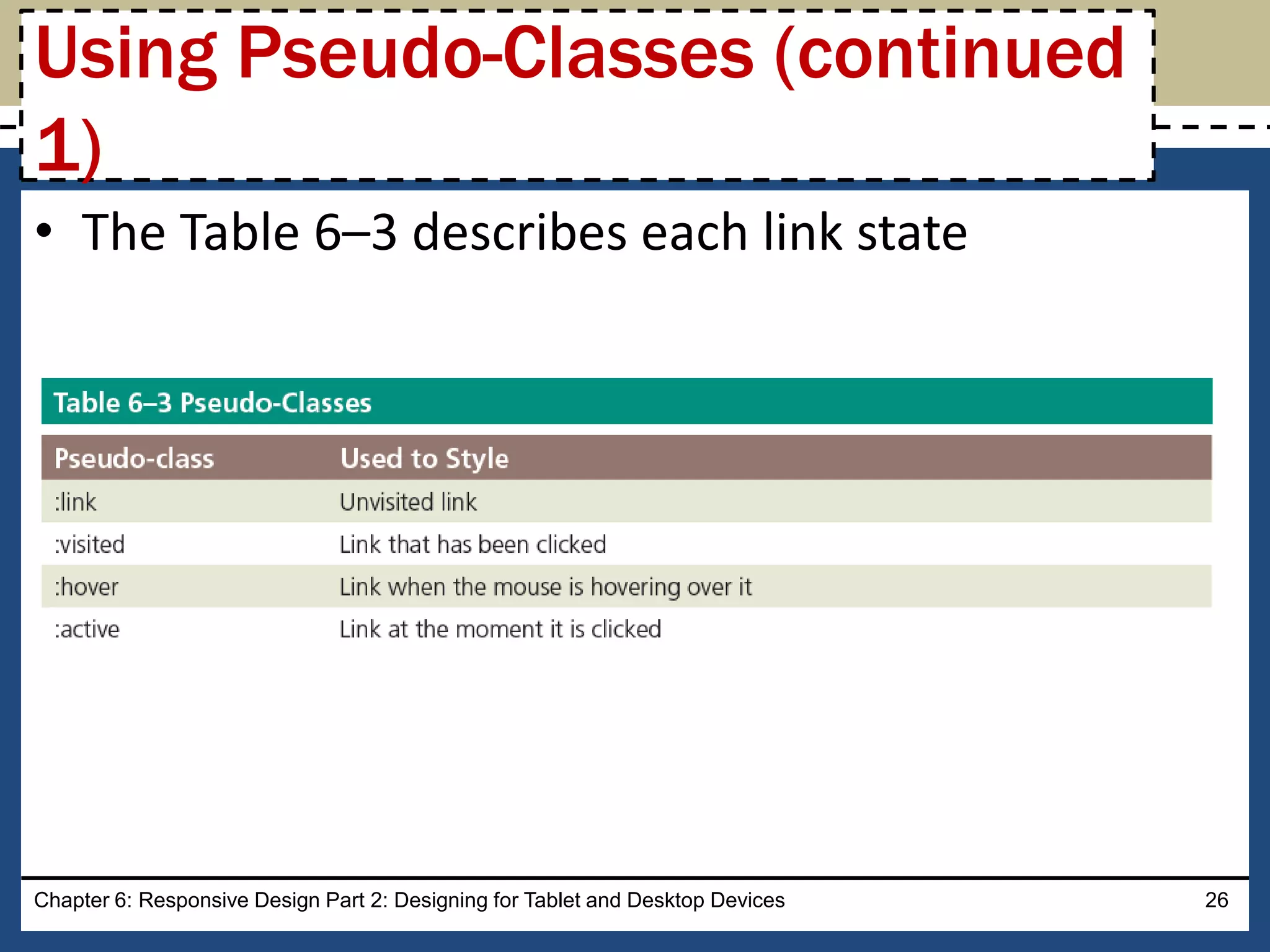 • The Table 6–3 describes each link state
Chapter 6: Responsive Design Part 2: Designing for Tablet and Desktop Devices 26
Using Pseudo-Classes (continued
1)
 
