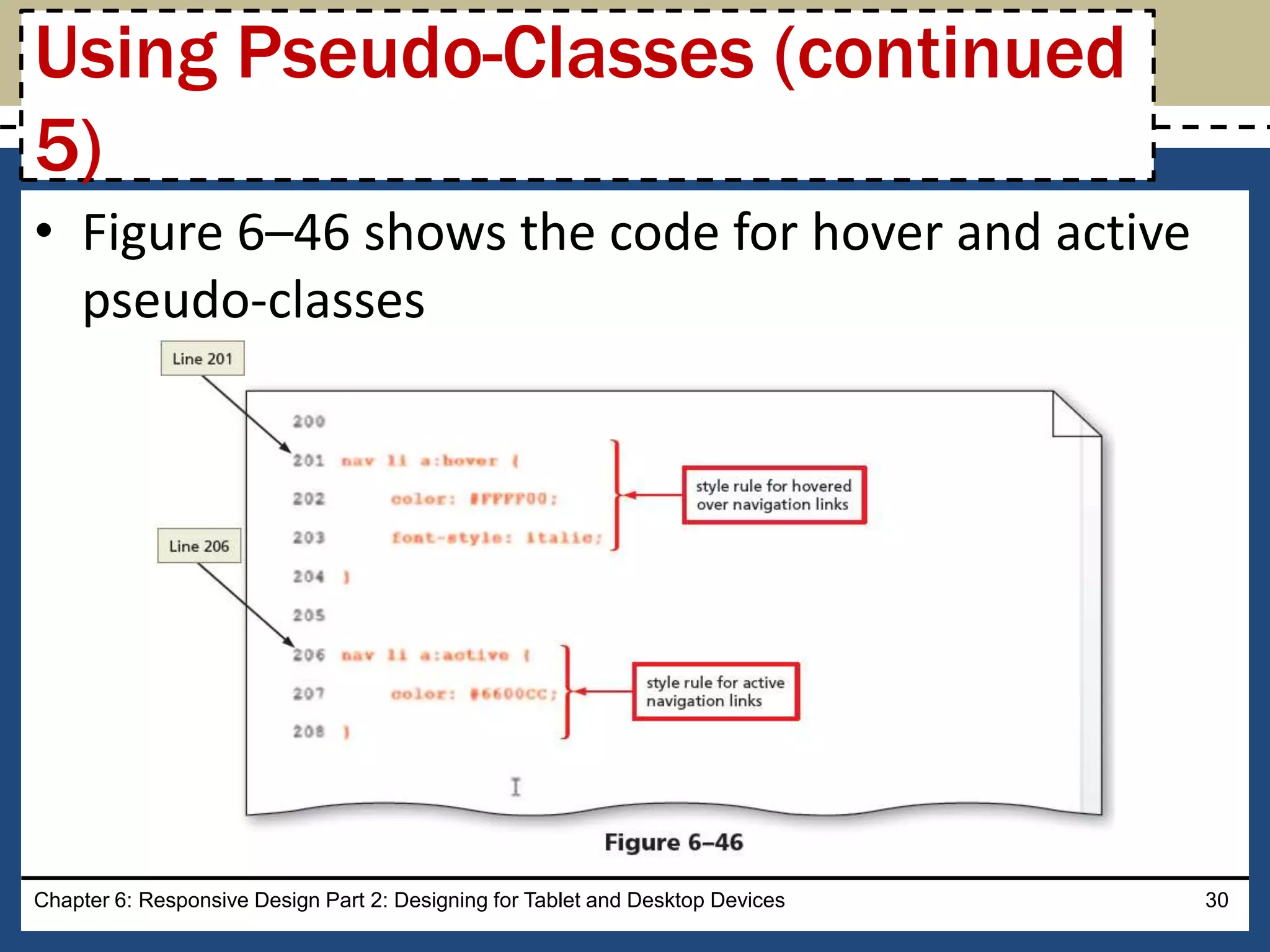 • Figure 6–46 shows the code for hover and active
pseudo-classes
Chapter 6: Responsive Design Part 2: Designing for Tablet and Desktop Devices 30
Using Pseudo-Classes (continued
5)
 